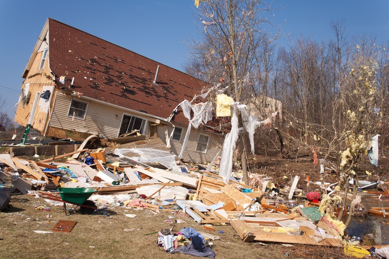 A home heavily damaged by an F2 tornado that swept through Oregon Twp in Lapeer County, MI on March 15, 2012. The house was lifted from its foundation